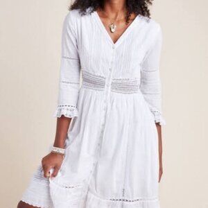 Velvet Graham & Spencer White Cotton Crochet Lace Midi Dress Button Front Boho L